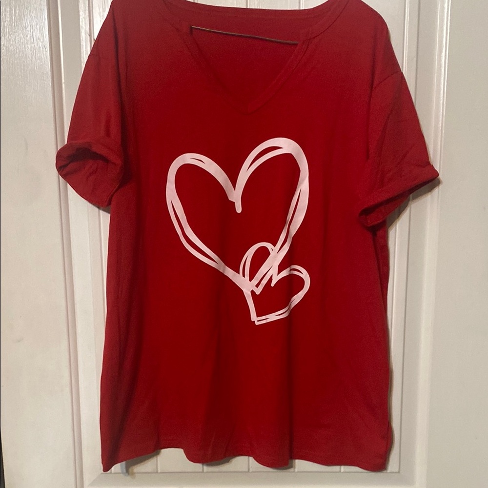 Red V-Neck T-Shirt with Heart Design- NWOT